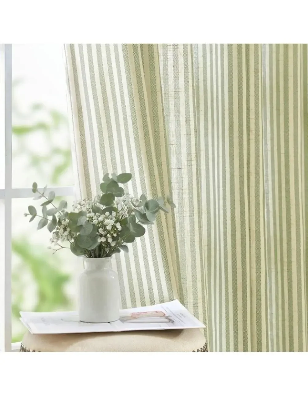 jinchan Linen Curtains 96 inch Sage Green Stripe on Beige Grommet 2 Panels